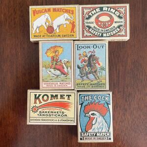 Vintage Lot of 6 Stick Match Boxes Made in Sweden / All Full Boxes Never Struck